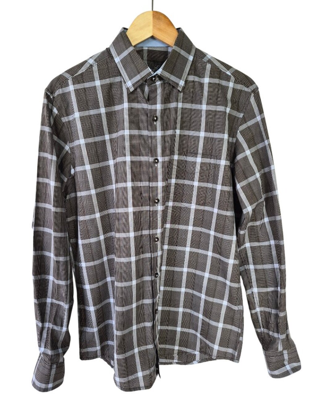 Tasso Elba Mens Shirt 100% Cotton Brown Blue Check Long Sleeve S 14-14.5 Neck